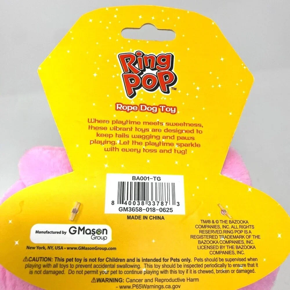 Bazooka Ring Pop Dog Plush Rope Toy Candy Theme Playtime Fetch Tug